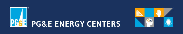 A blue background with PG&E spotlight logo and PG&E Energy Centers in white text. 